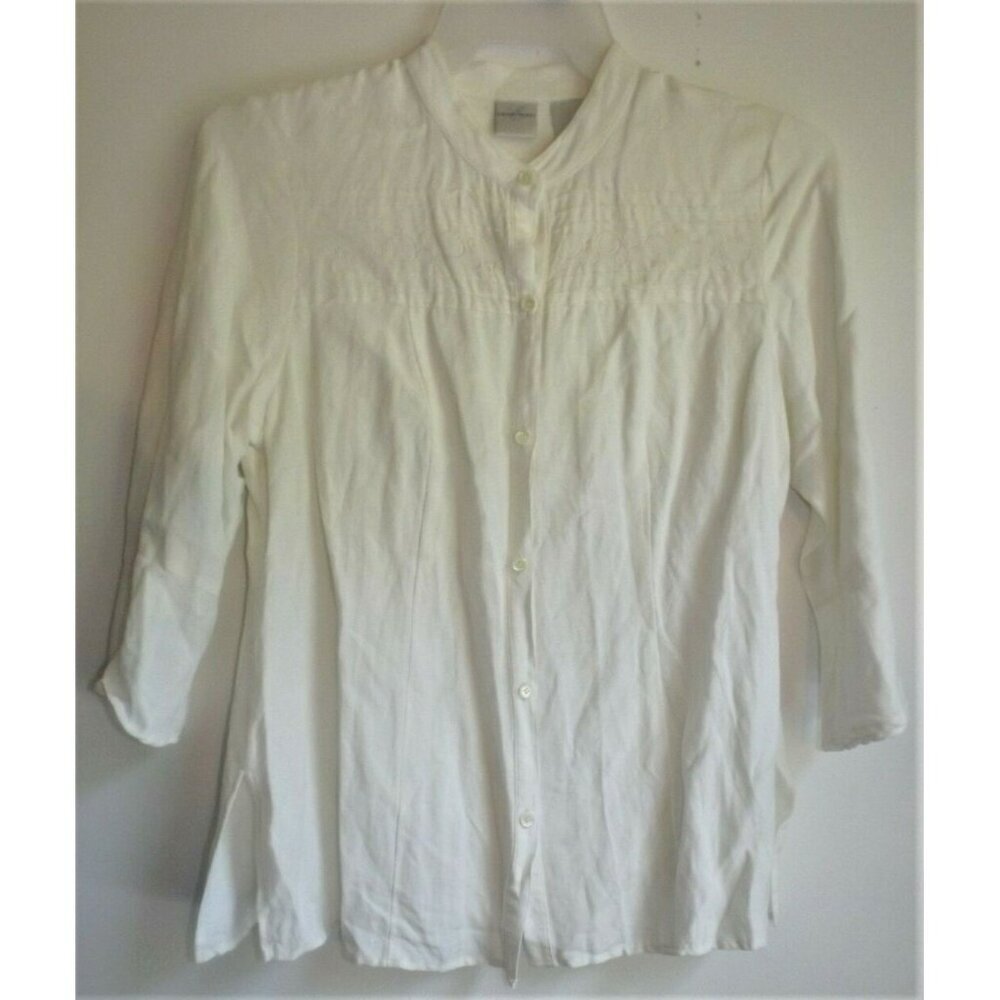 Emma James 14 beige long sleeve collarless blouse Boho embroidery